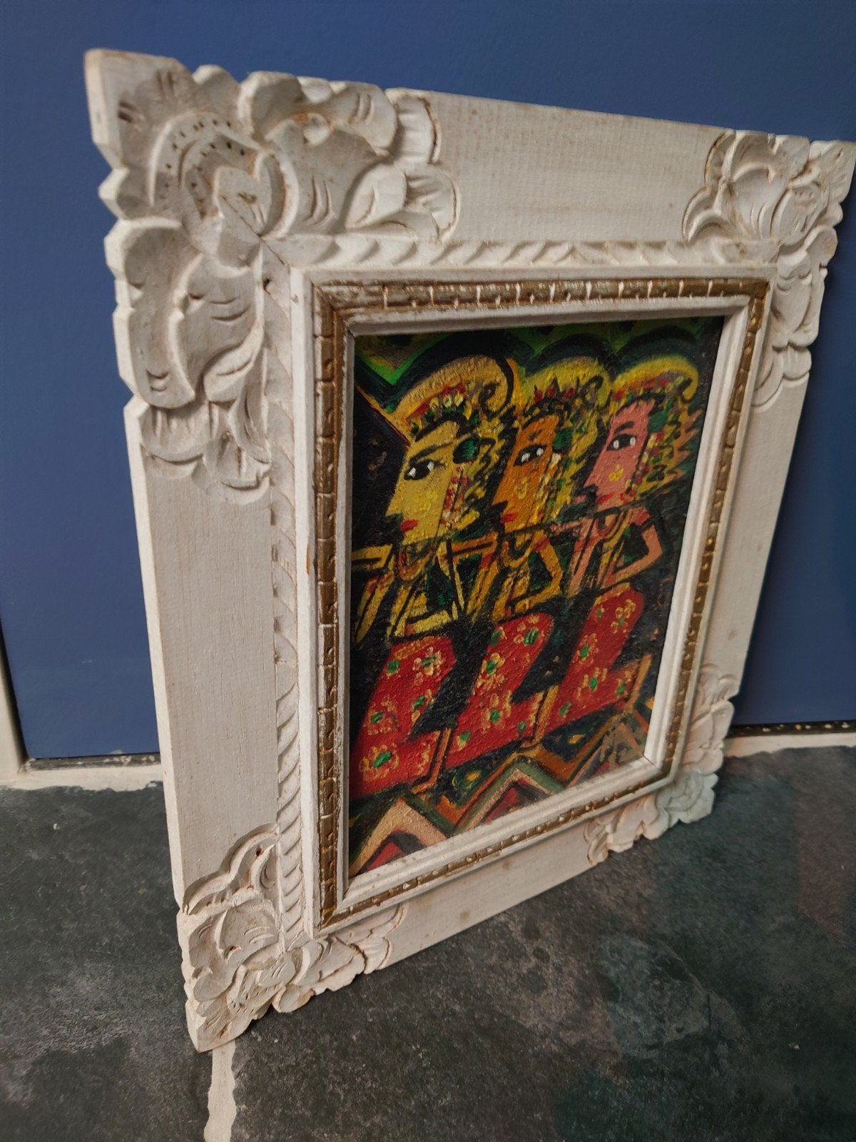 Structuur schilderij uit Bali in houten lijst (32B x 37H), Ophalen of Verzenden