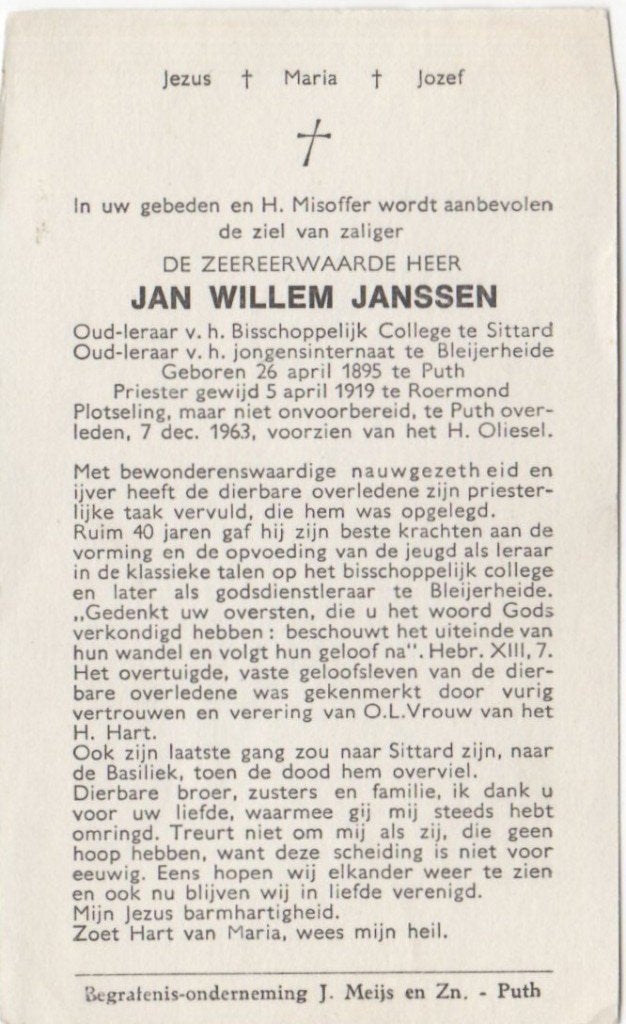 priester Jan Willem Janssen 1895 Puth + 1963 Puth, 68 jaar, Ophalen of Verzenden