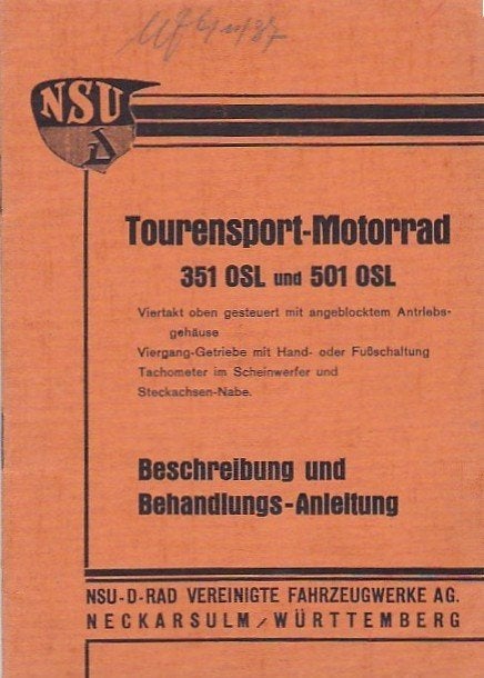 NSU 351 OSL 501 OS 1937 handbuch handboek instruktieboek, Verzenden, Overige merken