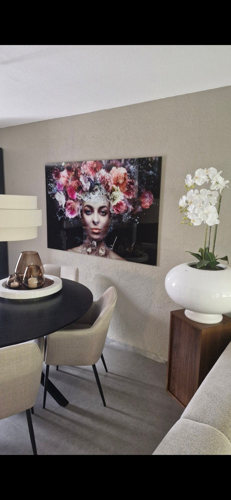 Glasschilderij vrouw met bloemen XL, Ophalen, Schilderij, 100 cm, Zo goed als nieuw