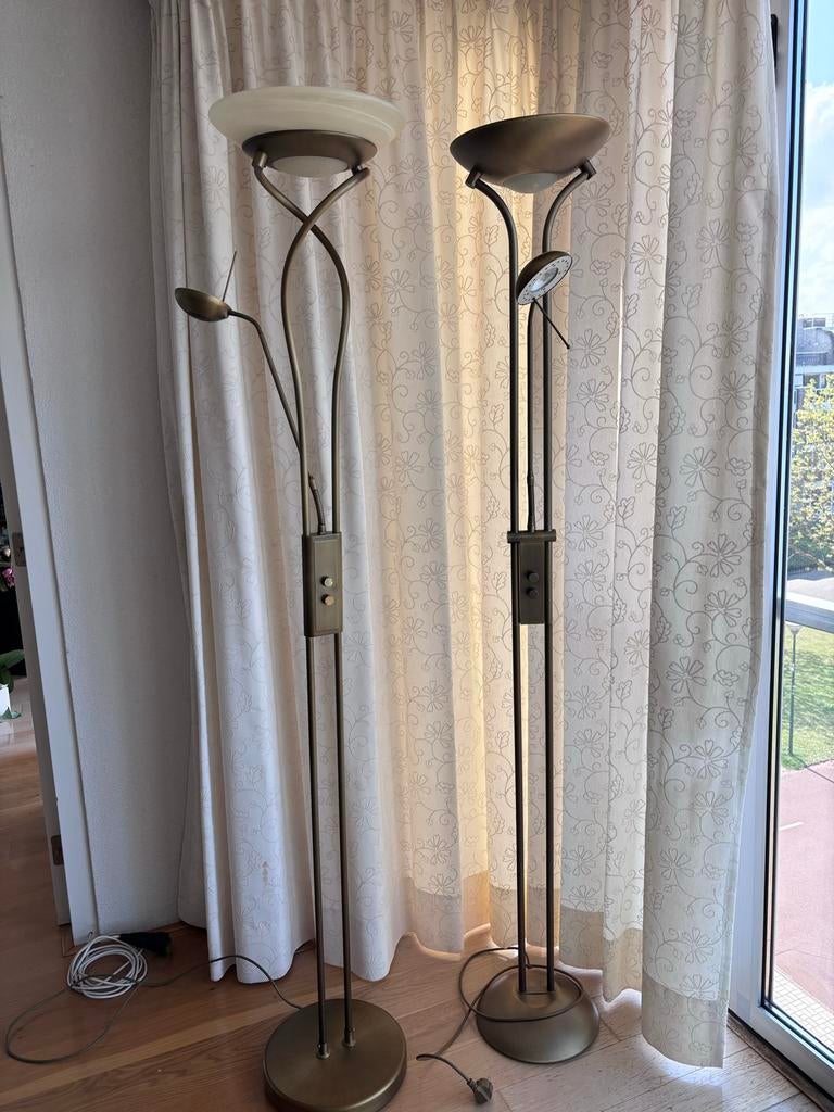Stijlvolle bronzen vloerlampen met leeslamp (set van 3), Huis en Inrichting, Ophalen, Zo goed als nieuw, Metaal, 150 tot 200 cm