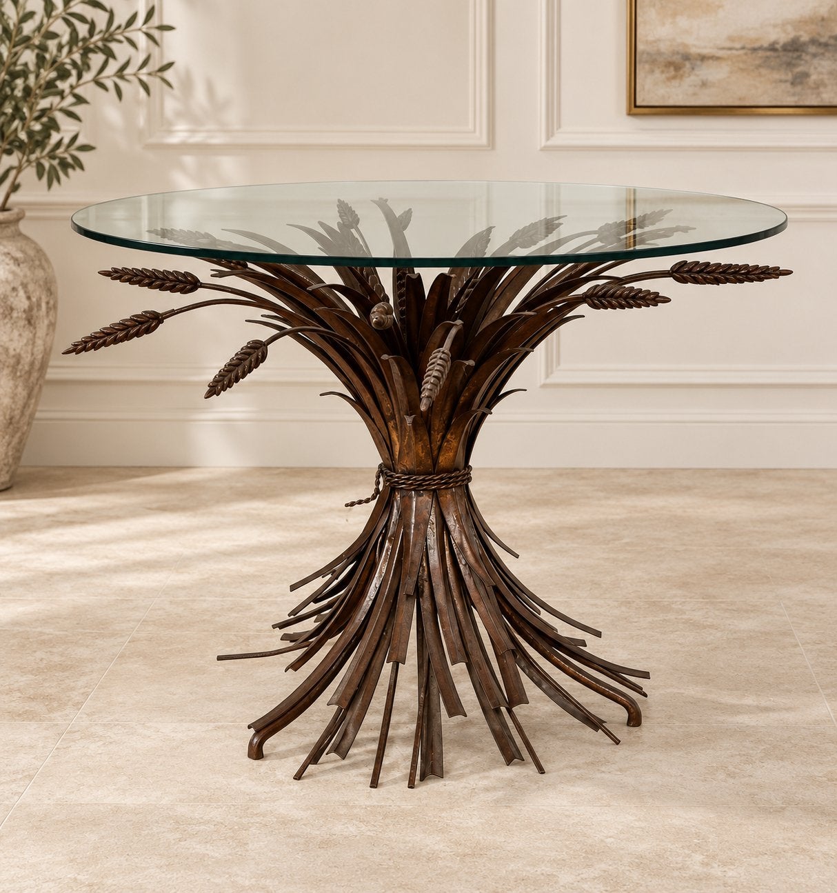 Korenschoof (Wheatsheaf) Hollywood Regency Salontafel Ø55cm, Gebruikt, 50 tot 100 cm, Rond, Glas