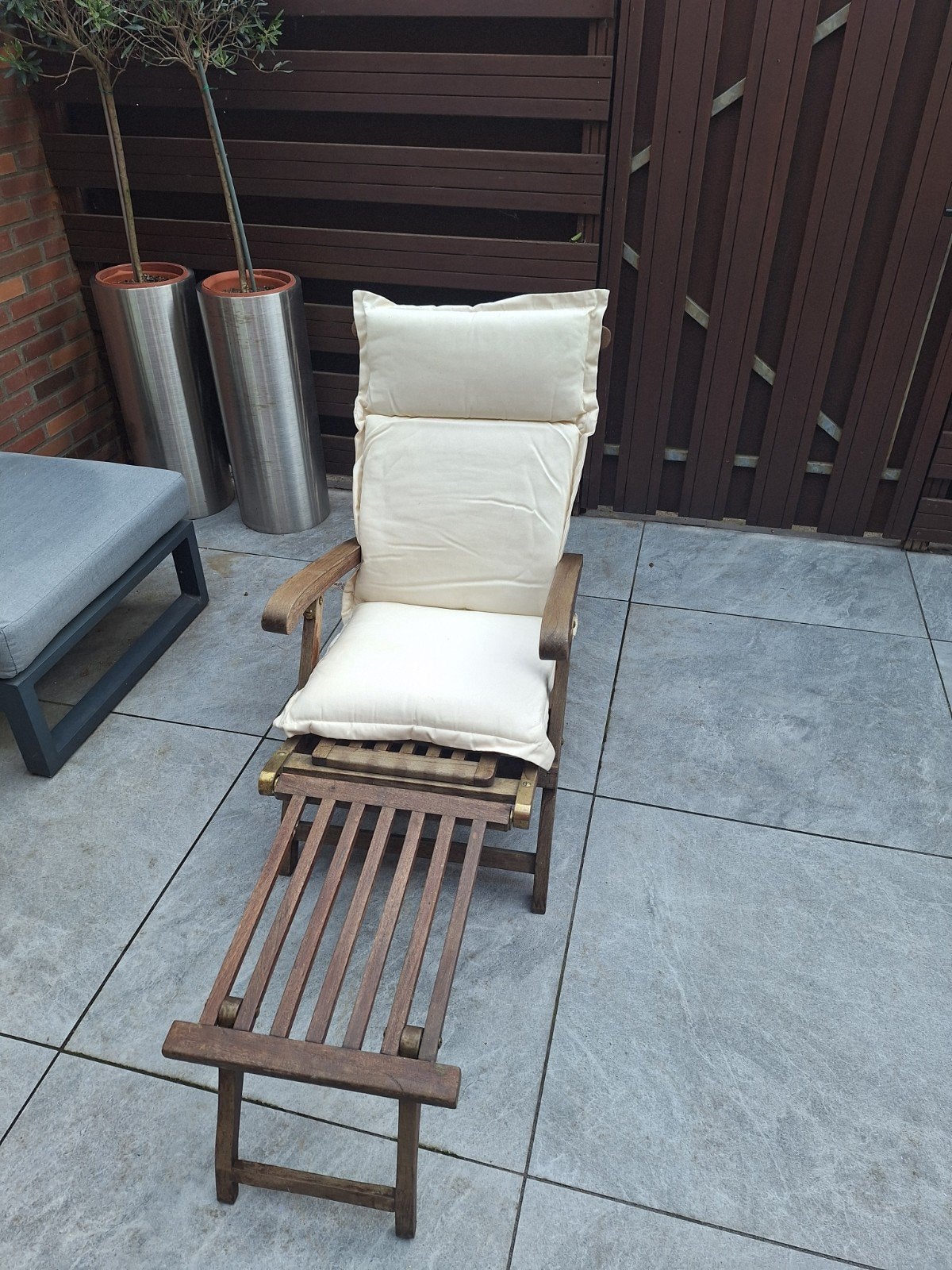 Verstelbare Teakhouten Ligstoel met Voetenbank, Tuin en Terras, Tuinstoelen, Ophalen of Verzenden, Gebruikt, Teakhout, Verstelbaar