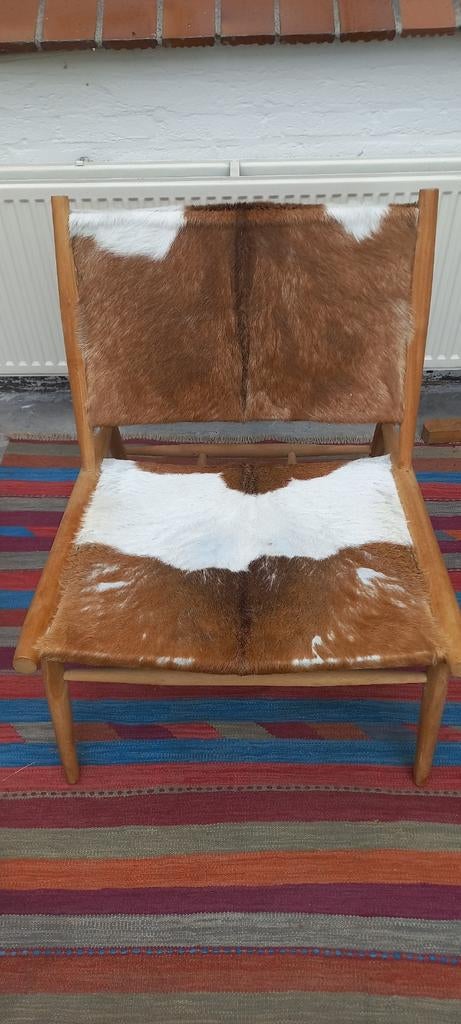 Design ike fauteuil teakhout met dierenhuid, Ophalen, Gebruikt, 75 tot 100 cm, Overige materialen