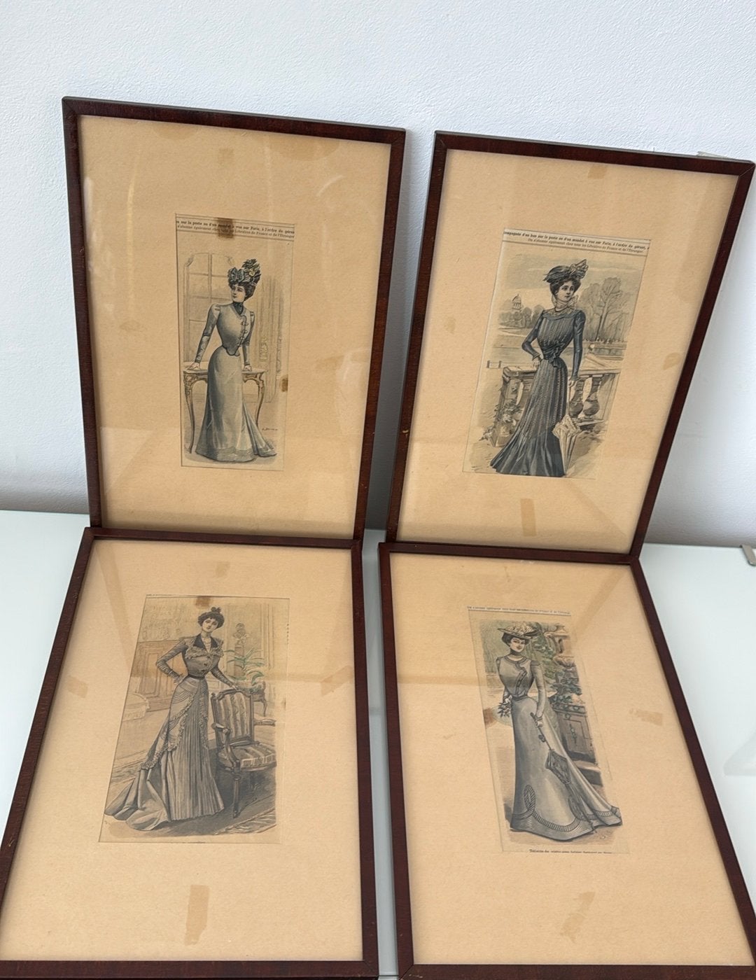 Serie van 4 antieke Frans Brocante modeprenten, Ophalen of Verzenden