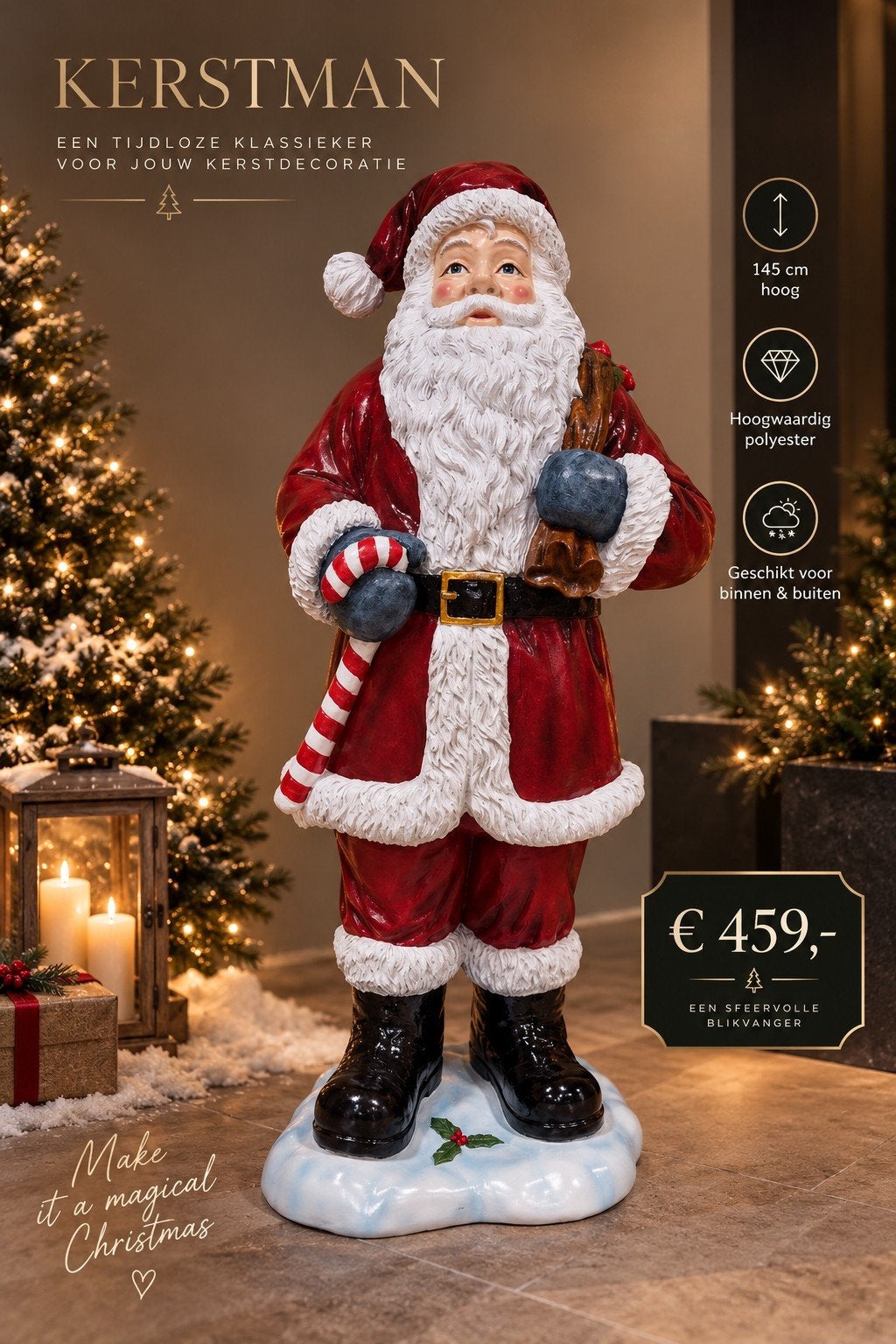 kerstman met candy cane 145cm hoog, Ophalen, Nieuw