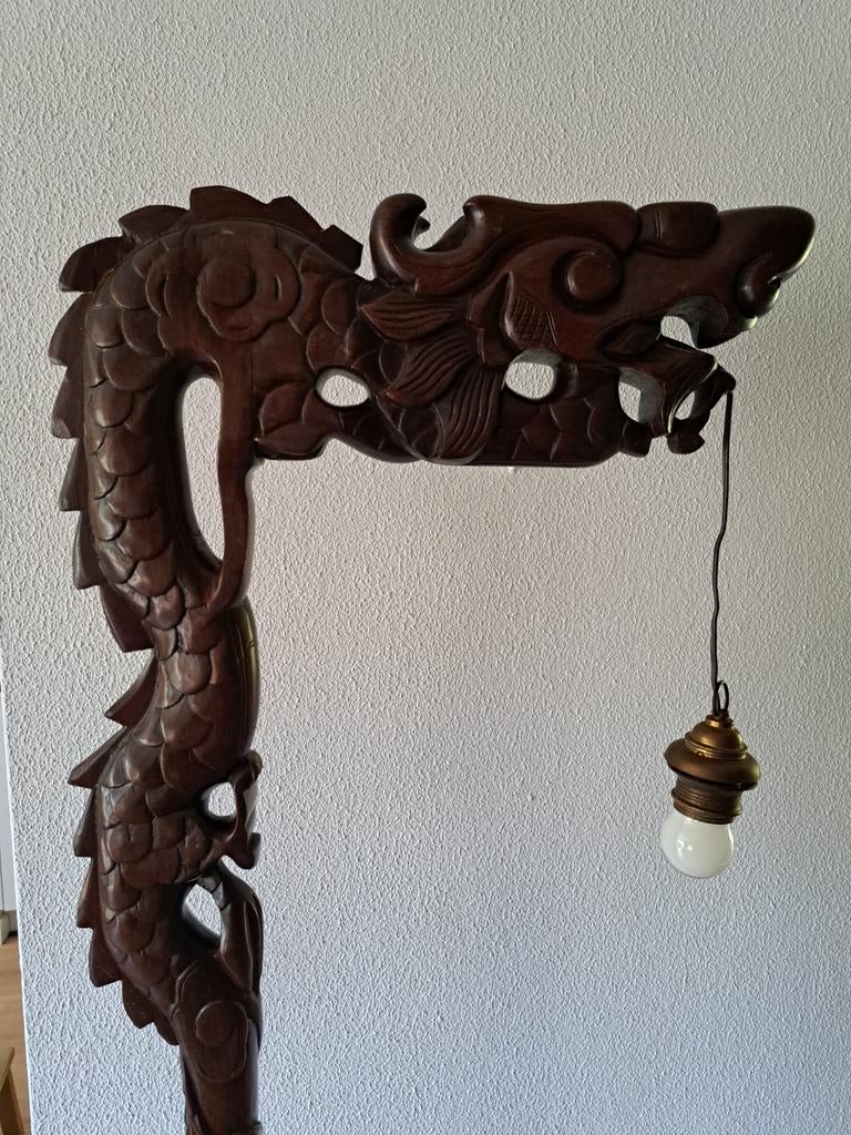 Antieke houten drakenlamp - Uniek handgesneden, Antiek en Kunst, Ophalen of Verzenden