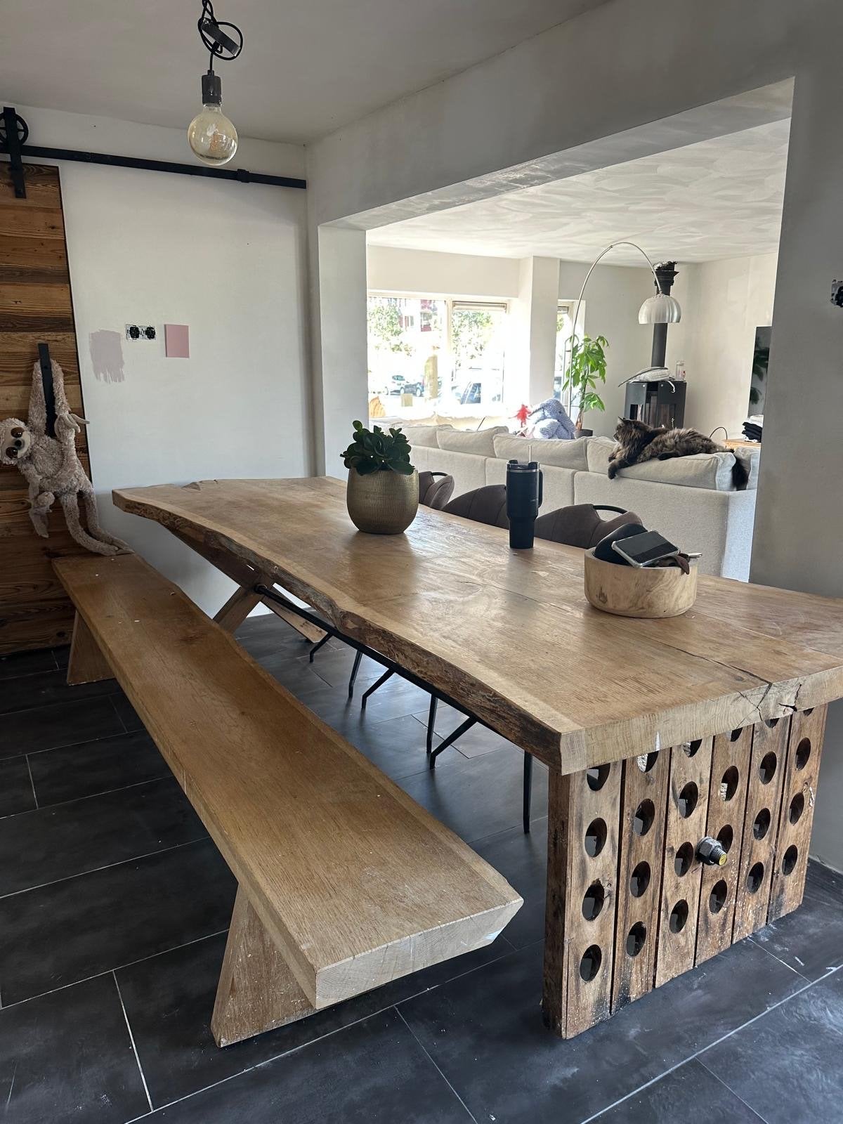 Houten boomstamtafel met bank - 3 meter lang, Gebruikt, 100 tot 150 cm, 200 cm of meer, Ophalen of Verzenden