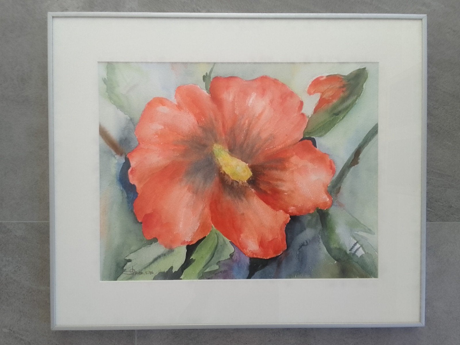 Aquarel "Klaproos" in aluminium frame en glas, gesigneerd, Ophalen, Aquarel, Bloemen