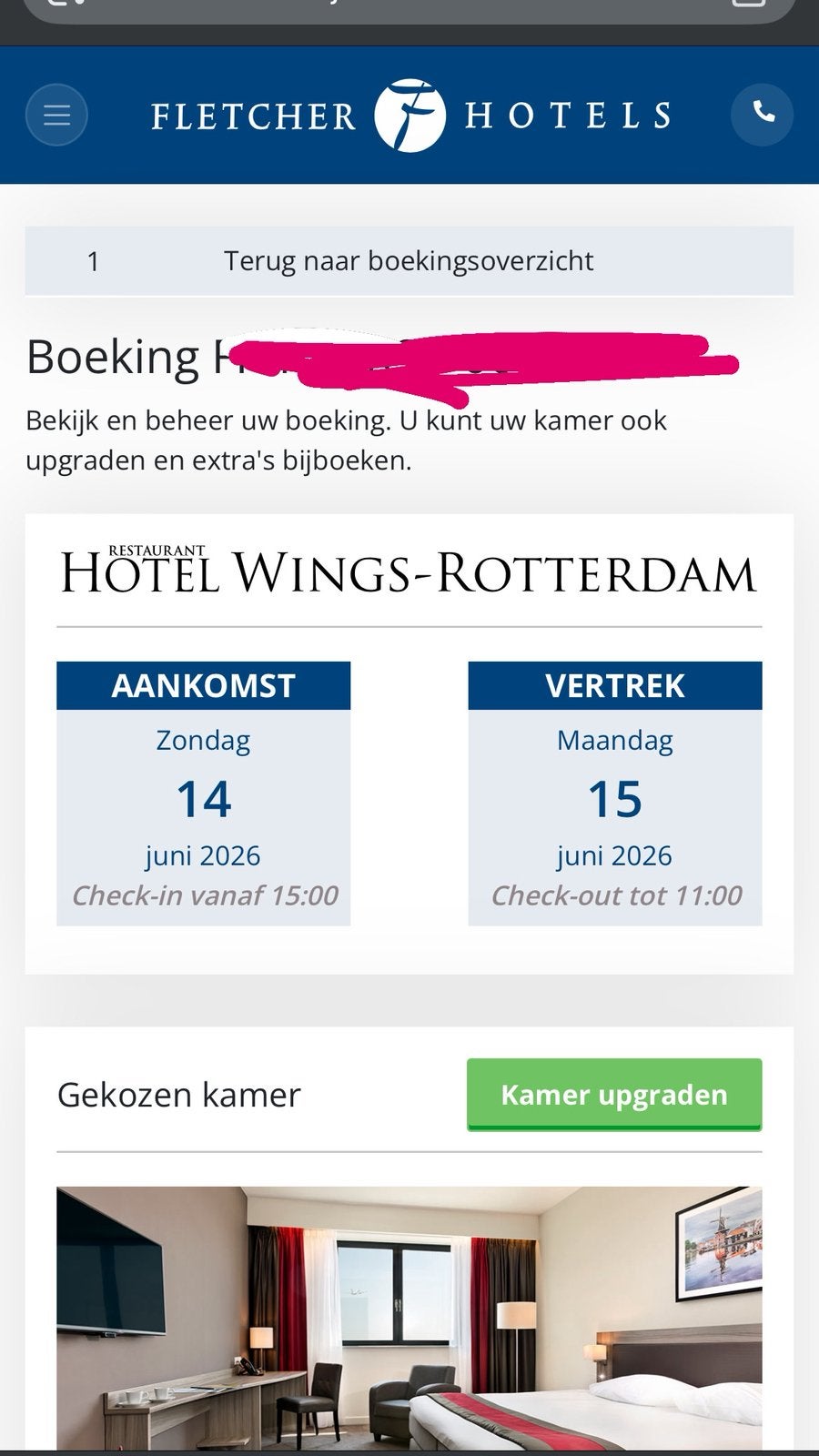 Overname hotelovernachting 14 juni Hotel Wings Rotterdam., Twee personen, 1 overnachting
