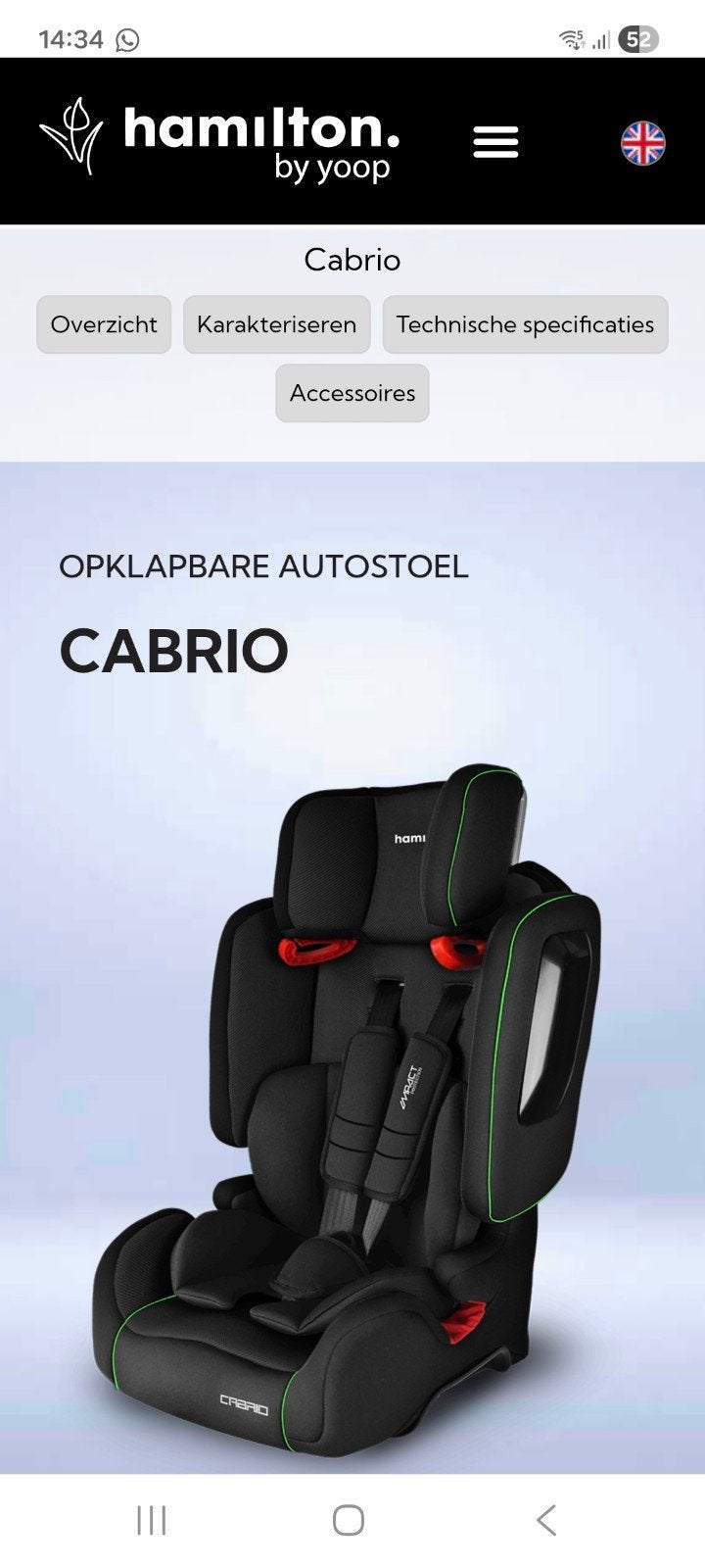 Hamilton by Yoop opvouwbare autostoel 1,2,3 z.g.a.n., Overige merken, 15 t/m 36 kg, Zo goed als nieuw, Isofix