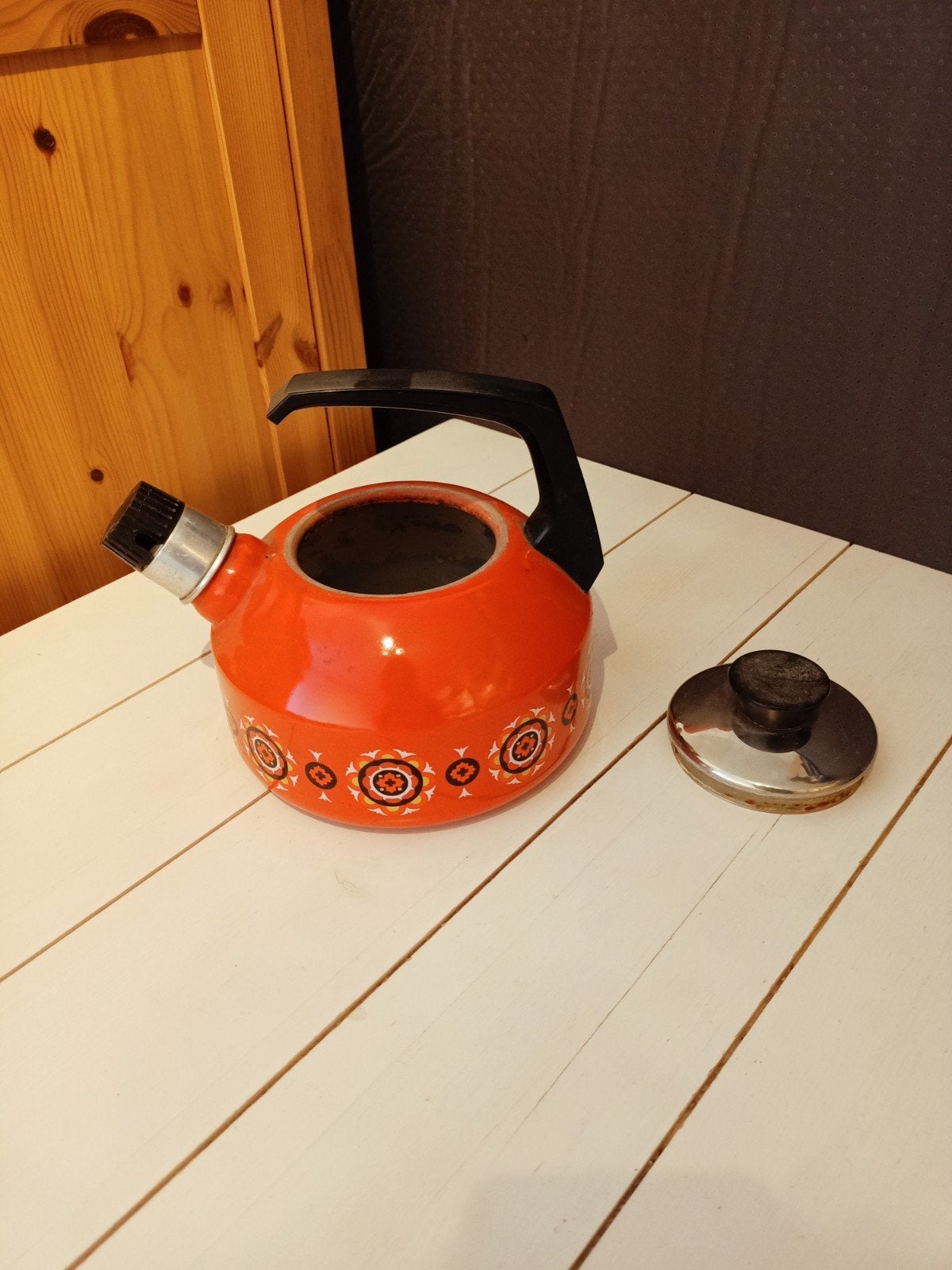 Vintage fluitketel oranje met patroon, Ophalen of Verzenden