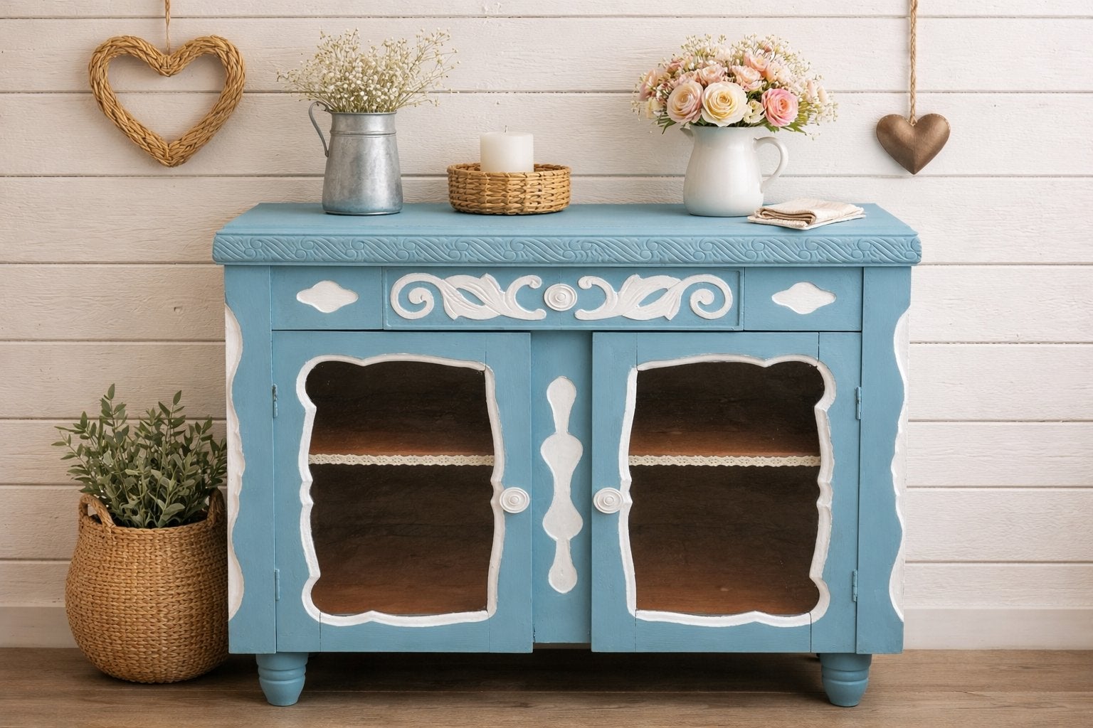 Brocante vitrine/ buffetkastje, Ophalen, Met lade(s), Overige houtsoorten, 50 tot 100 cm