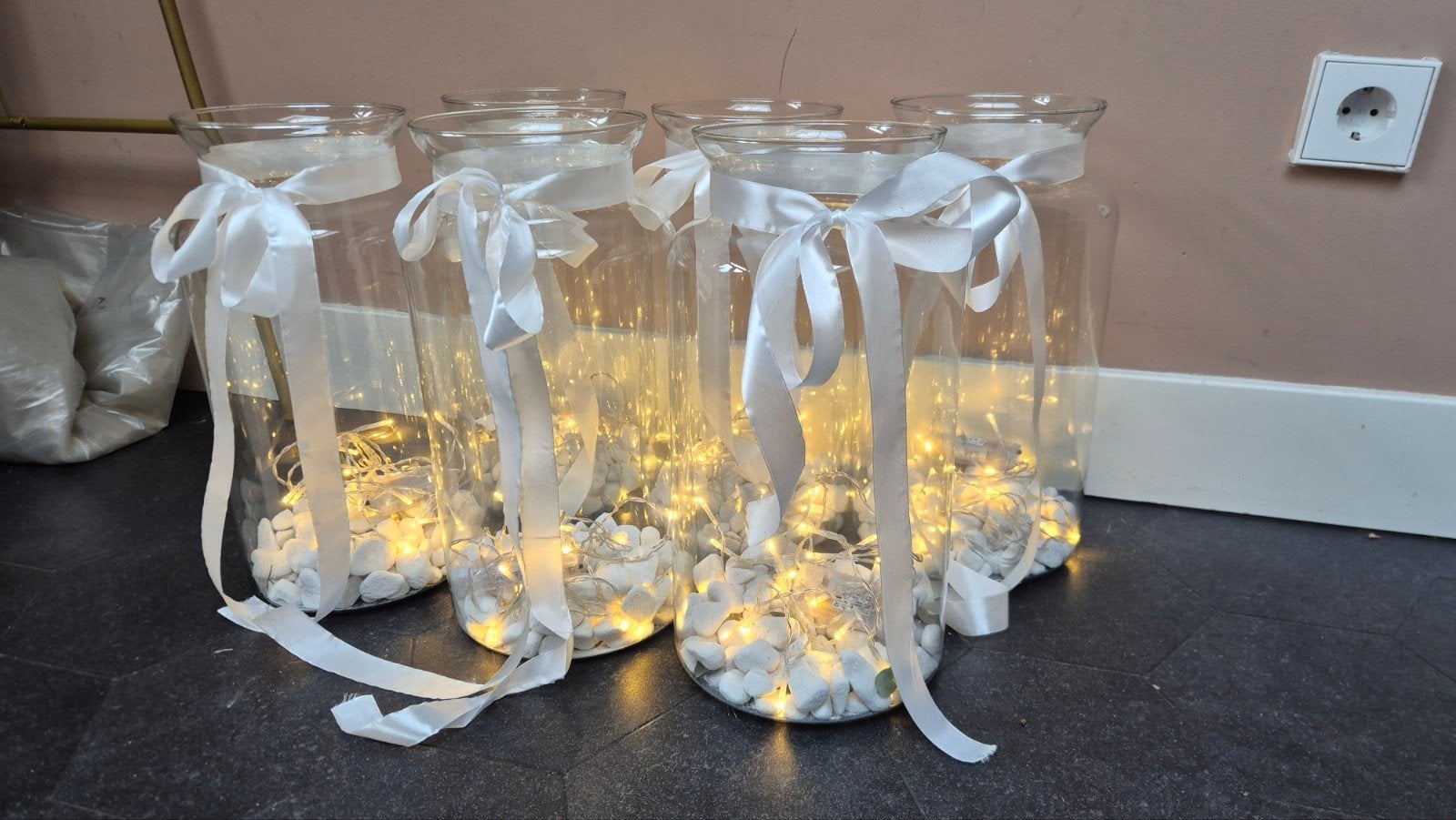 Decoratieve glazen potten met licht en lint - bruiloftsdeco, Ophalen, Zo goed als nieuw, Modern, Wit