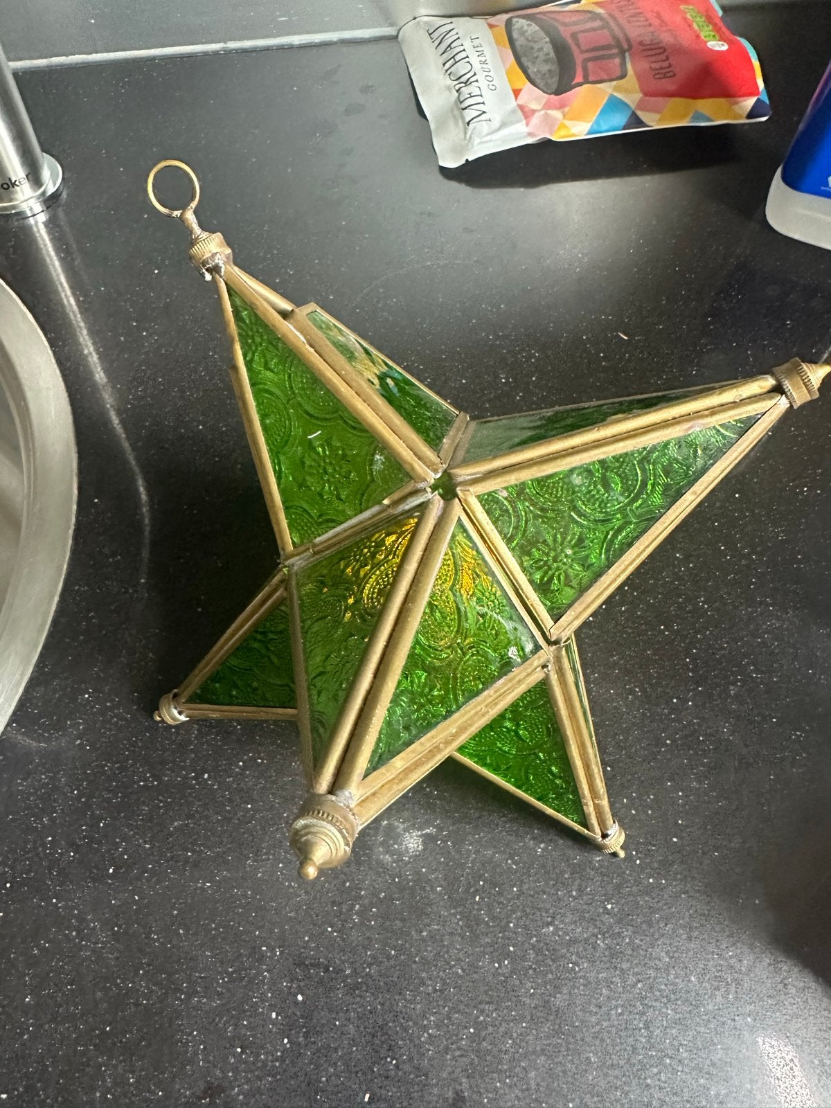 Originele Marokkaanse Groene glazen ster lamp - 20 cm, Ophalen of Verzenden, Gebruikt, Glas, Groen