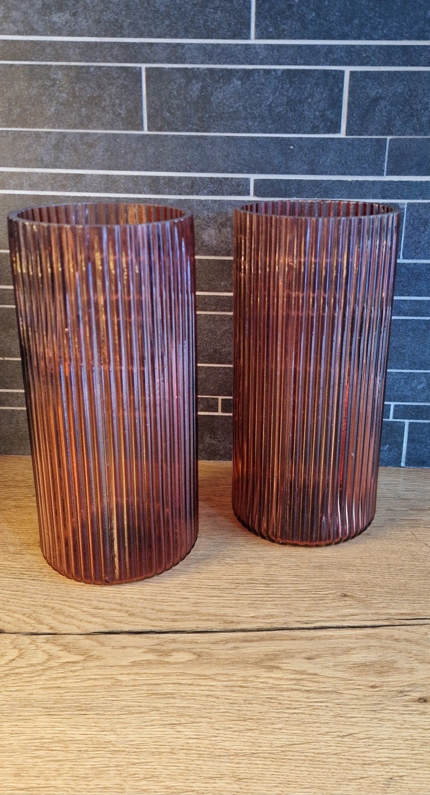 Set van 2 geribbelde glazen vazen - Bruin/Roest, Ophalen, Gebruikt, Bruin, Glas