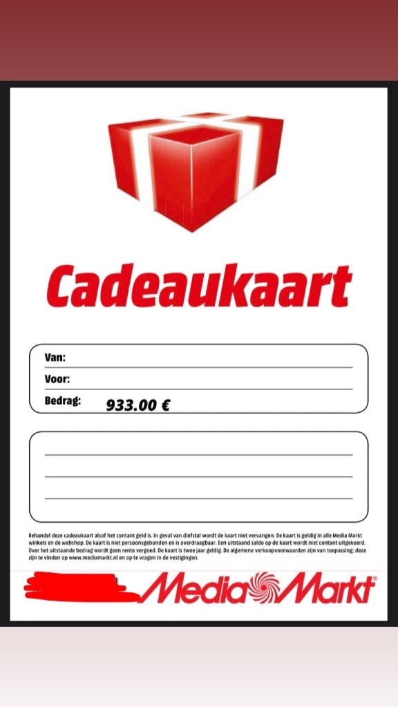 Mediamarkt digitale cadeaubon t.w.v. €933, Tickets en Kaartjes, Eén persoon, Cadeaubon, Warenhuis- of Winkelbon