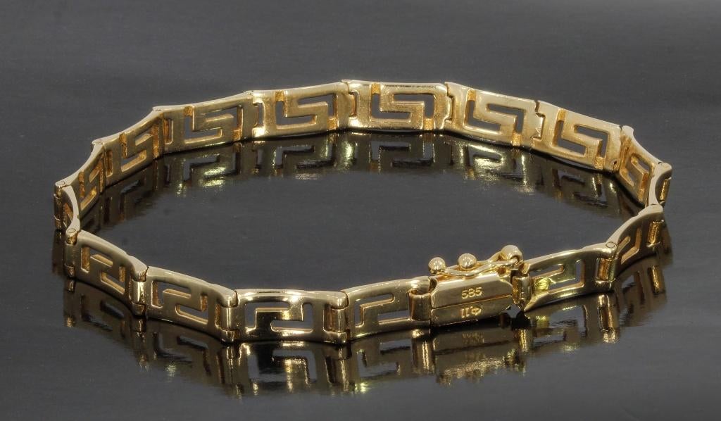 Griekse schakel dames armband 14k goud meander fraai, Sieraden, Tassen en Uiterlijk, Armbanden, Voordeelsieraden, Verzenden, Zo goed als nieuw