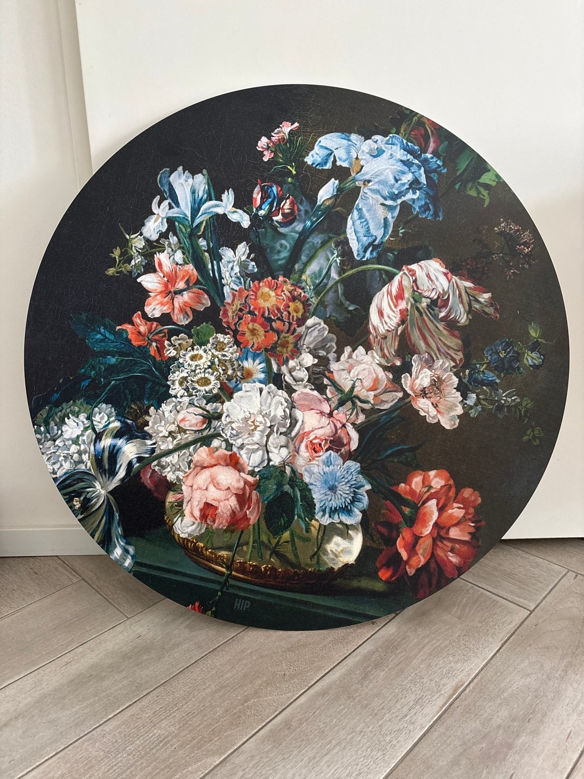 Rond schilderij met bloemenstilleven, 80cm hoog, Antiek en Kunst, Kunst | Schilderijen | Klassiek, Overige ondergronden, Klassiek