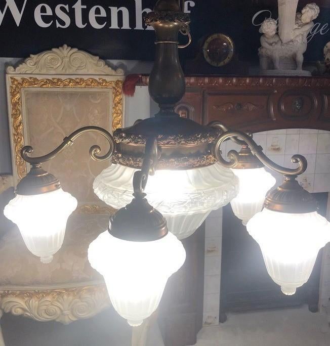 Groot Franse kroonluchter antiek hanglamp brons 5 arms, Ophalen, Gebruikt, Glas