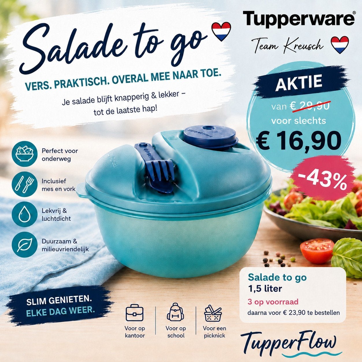 Salade Lunchbox / Fris Op Weg 1,5 liter, Ophalen of Verzenden, Nieuw, Bak of Kom