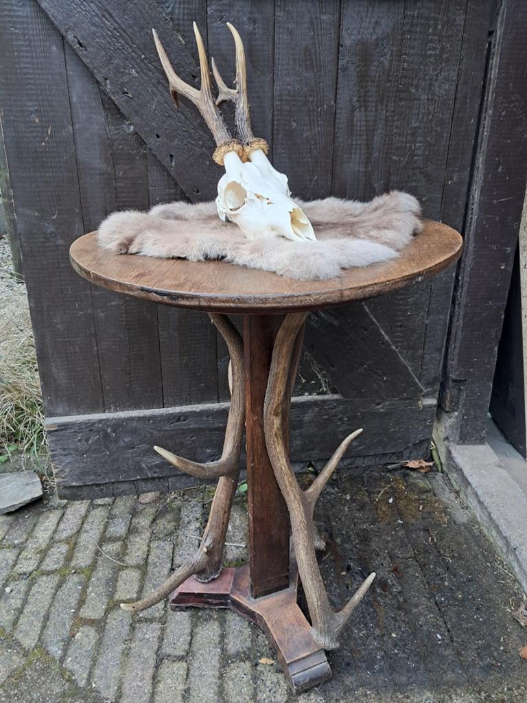 Robuuste jachtstijl bijzettafel met 3 edelhert geweien, Ophalen of Verzenden, Zo goed als nieuw, Hert, Gewei of Kop