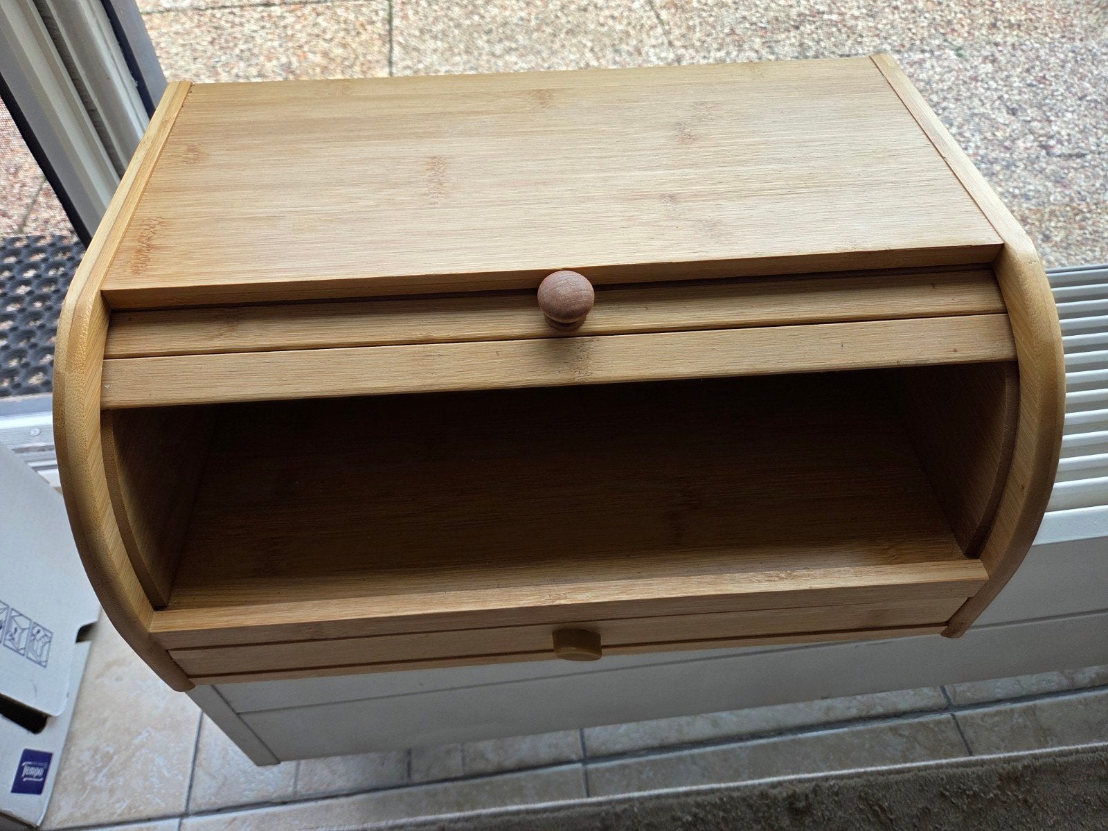 Bamboe broodtrommel met rolluik en lade, Huis en Inrichting, Beige, Gebruikt, Hout, Ophalen of Verzenden