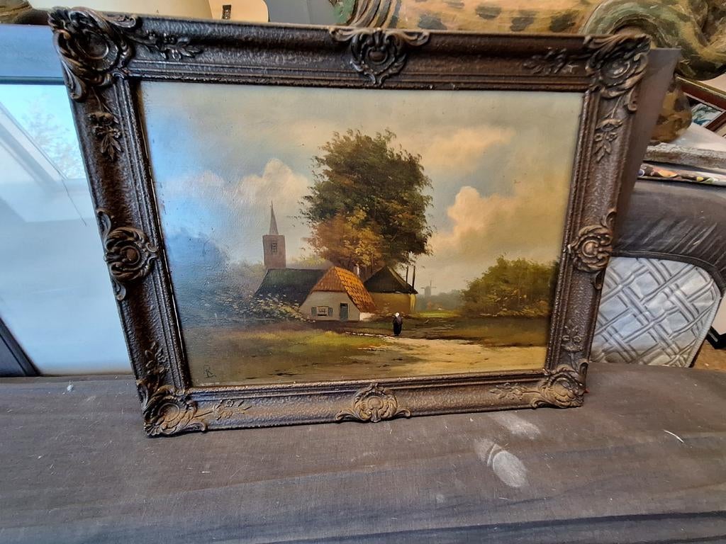 Oud Hollands landschap schilderij met kerk en molen, Antiek en Kunst, Kunst | Schilderijen | Klassiek, Ophalen of Verzenden