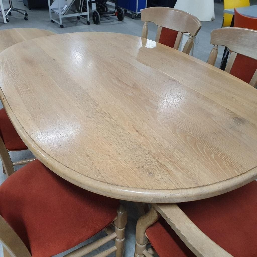 Massieve eiken eettafel met 5 stoelen, Ophalen, Gebruikt, 200 cm of meer, 50 tot 100 cm