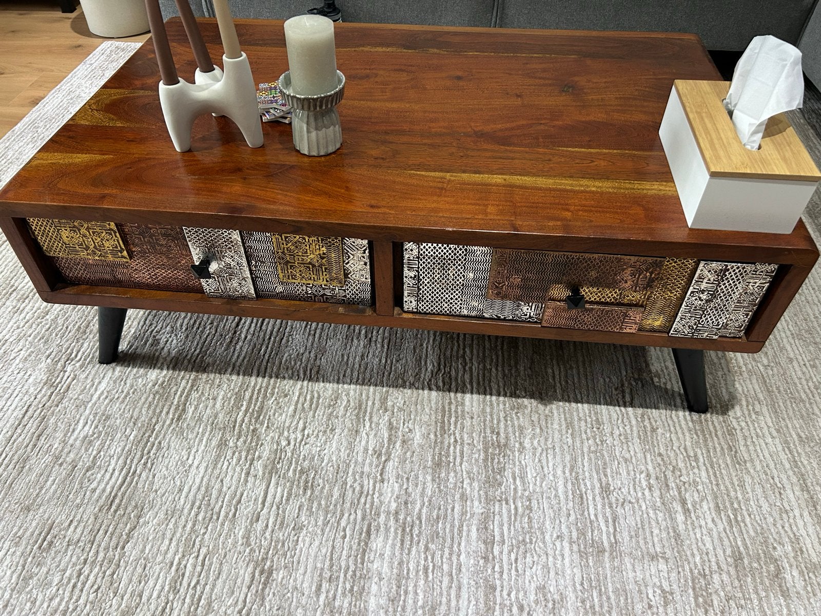 Salontafel Orient acaciahout/metaal - meerdere kleuren, Huis en Inrichting, Tafels | Salontafels, 100 tot 150 cm, Zo goed als nieuw