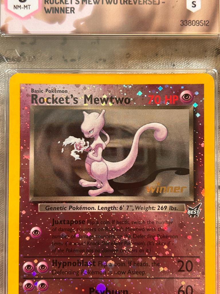 Rocket's Mewtwo Best of Game Winner Promo 2003 grade 8, Ophalen of Verzenden, Zo goed als nieuw, Losse kaart, Foil
