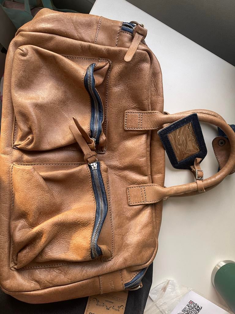 Cowboysbag bruine leren tas met denim details, Overige merken, Gebruikt, Bruin, Ophalen of Verzenden