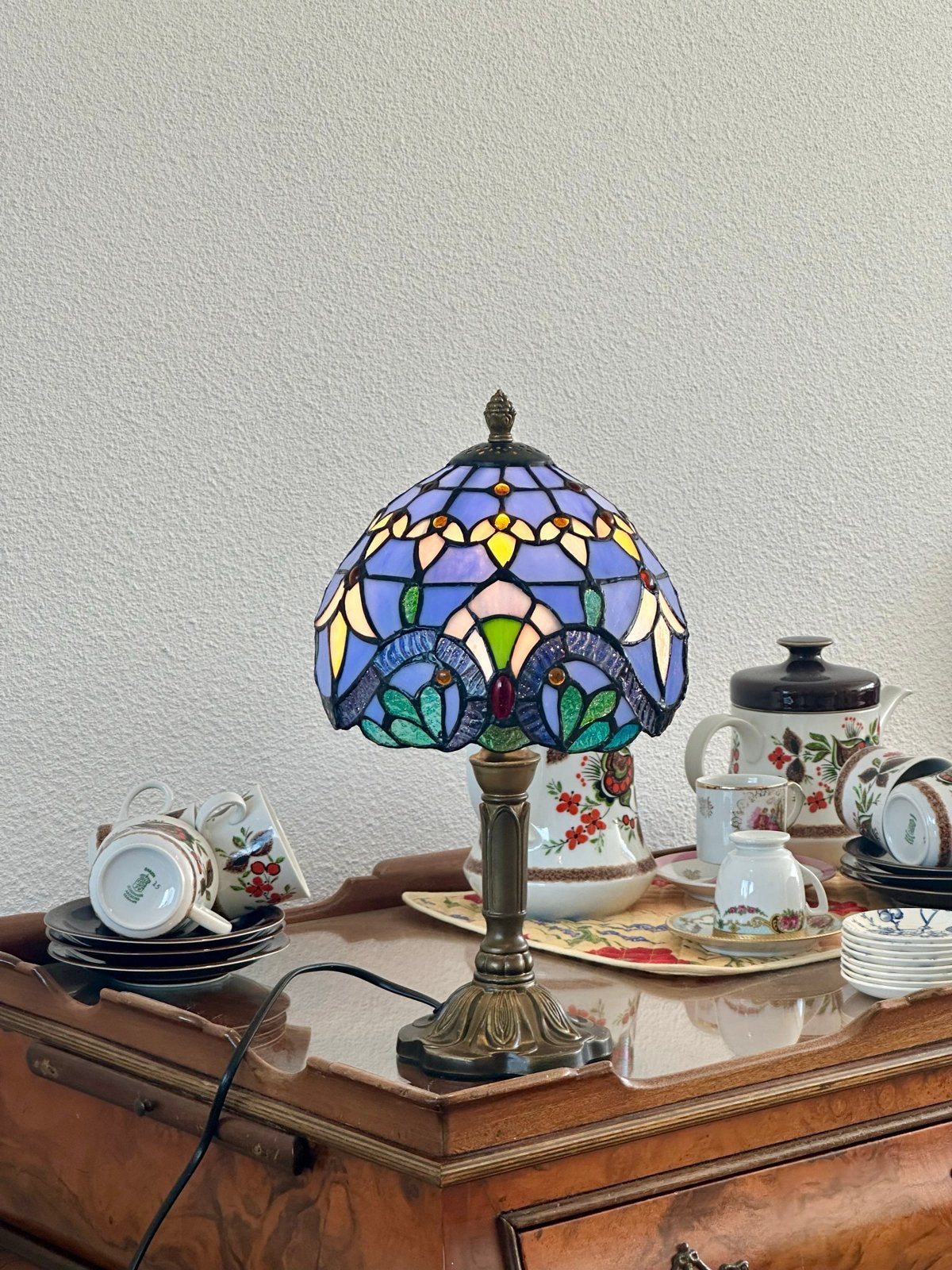Prachtige Tiffany-Style Tafellamp - Blauw Glas-in-lood style, Ophalen of Verzenden