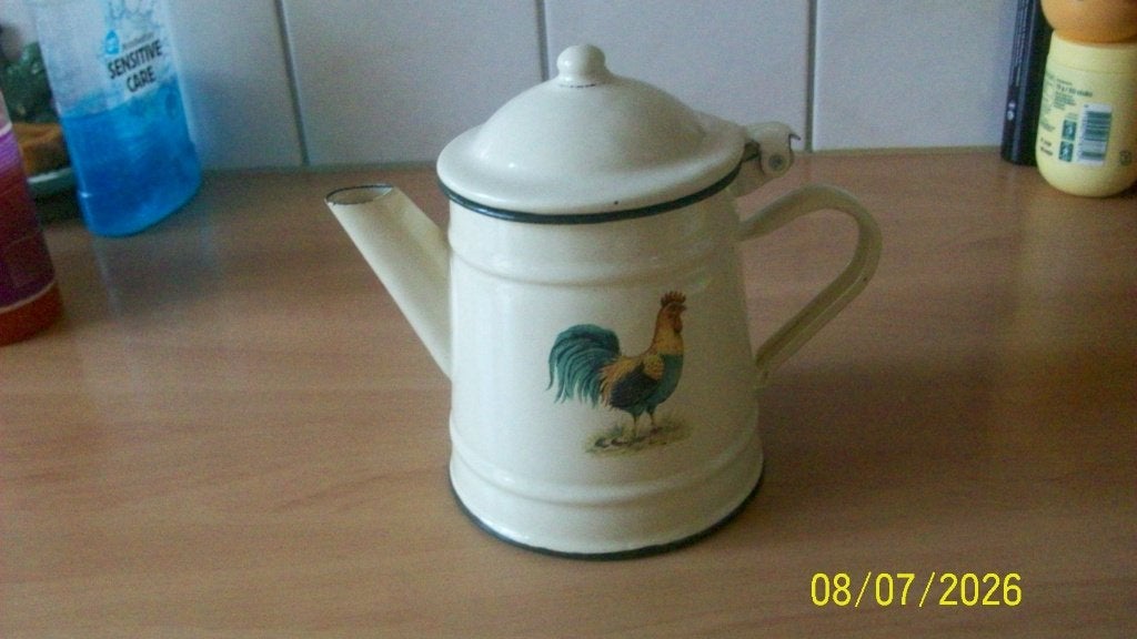 Emaille koffiepotje met haan decor, Antiek en Kunst, Antiek | Emaille, Ophalen of Verzenden