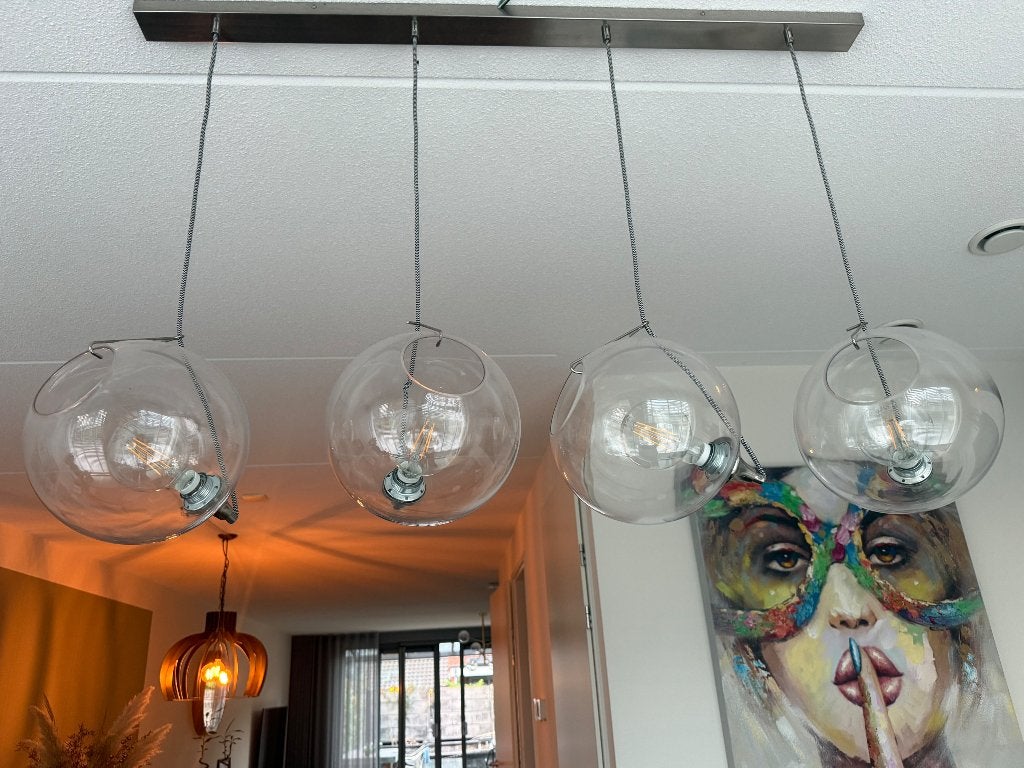 Hanglamp - 4 glazen bollen - Calvello, Ophalen, E27 (groot), Zo goed als nieuw, Glas