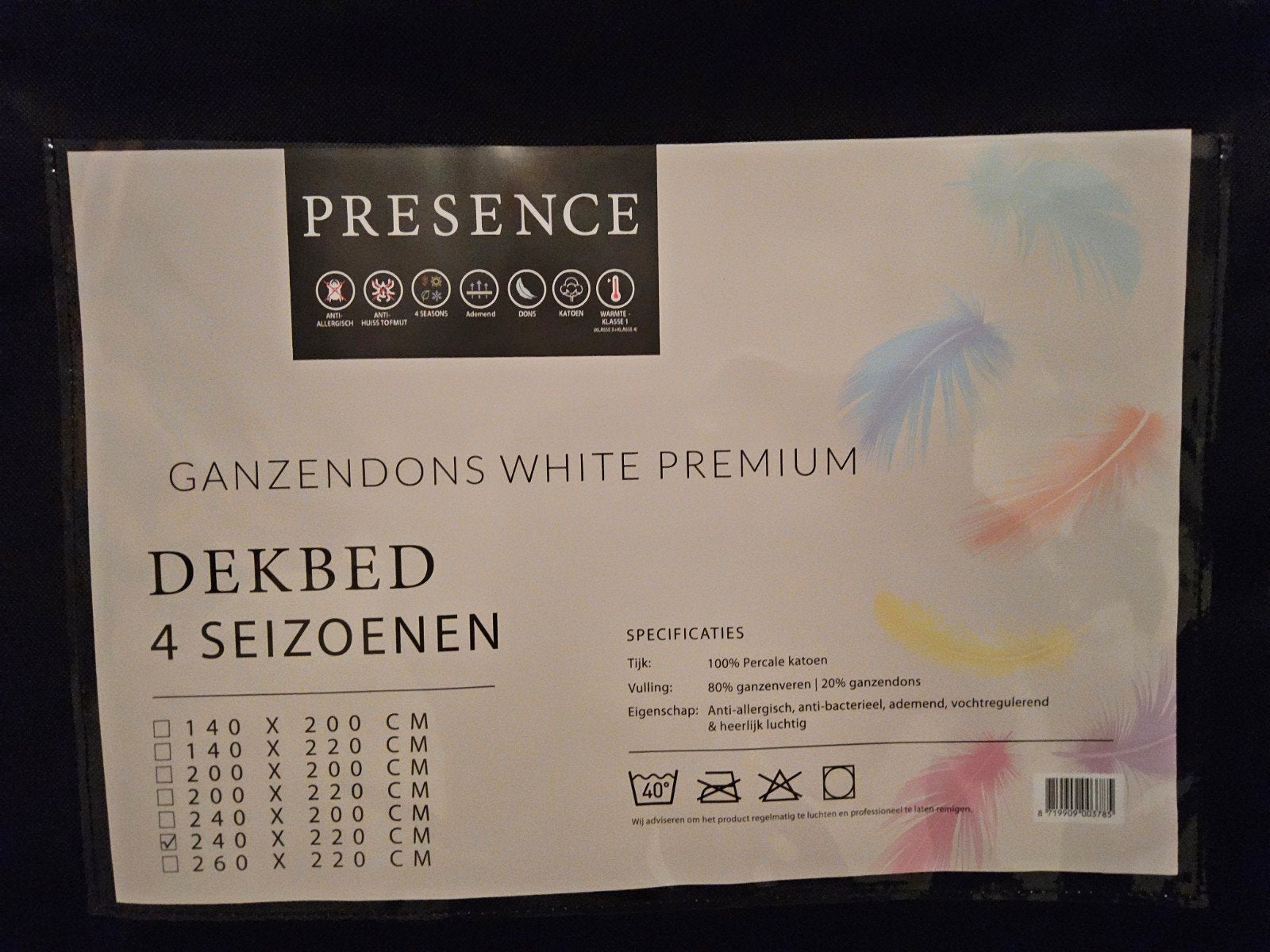 Presence Ganzendons Dekbed 4 Seizoenen 240x220 cm, Ophalen, Lits-jumeaux, Wit, Ademend