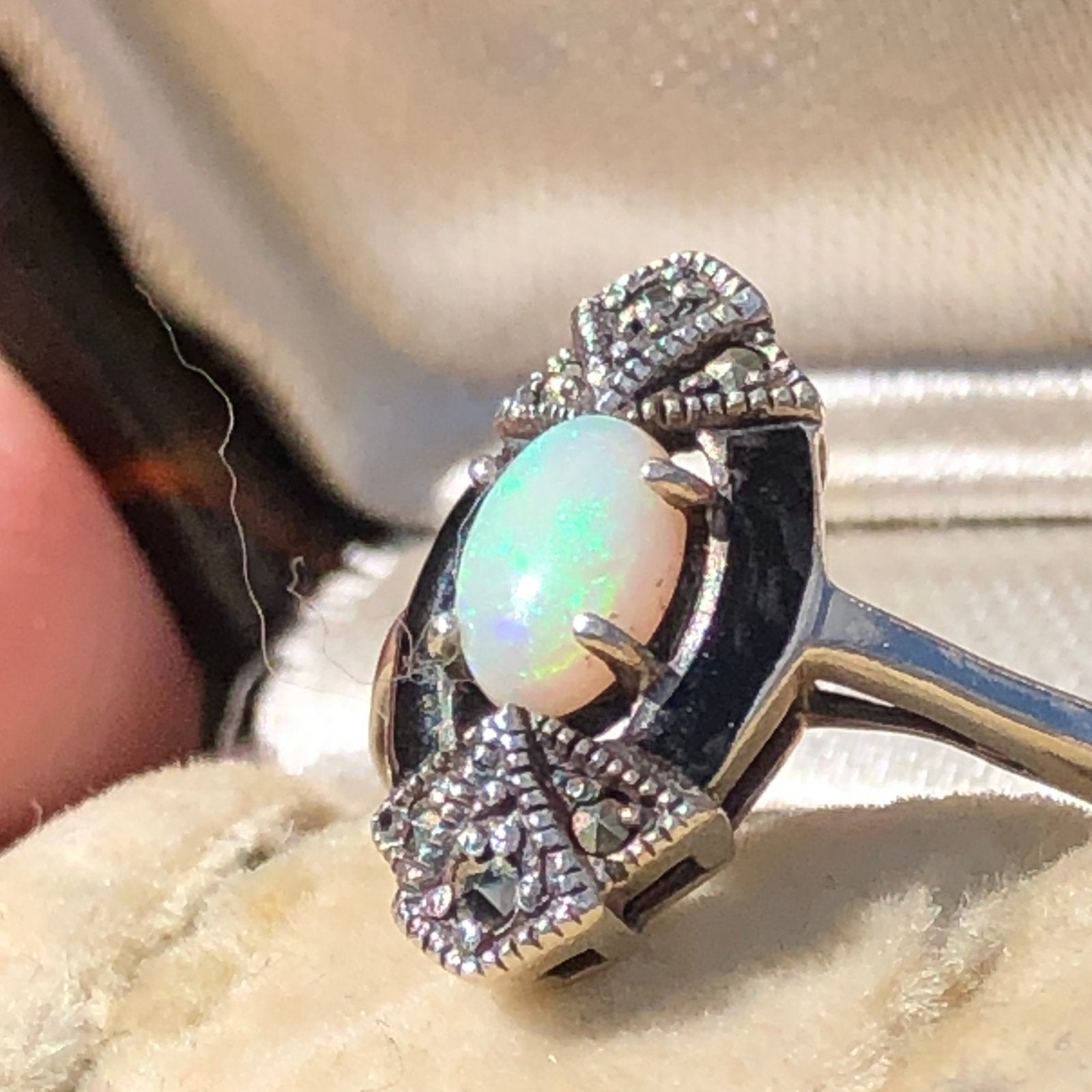 Ring Antiek Opaal Emaille Markasiet Art Deco Zeldzaam, Ophalen of Verzenden, Zilver, Ring