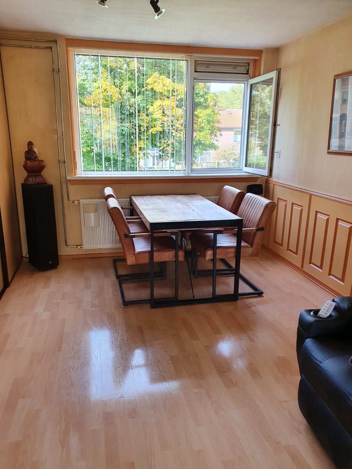 Mahoniehouten kleine eettafel met 4 stoelen, Huis en Inrichting, Tafels | Eettafels, Ophalen, 100 tot 150 cm, 50 tot 100 cm, Zo goed als nieuw