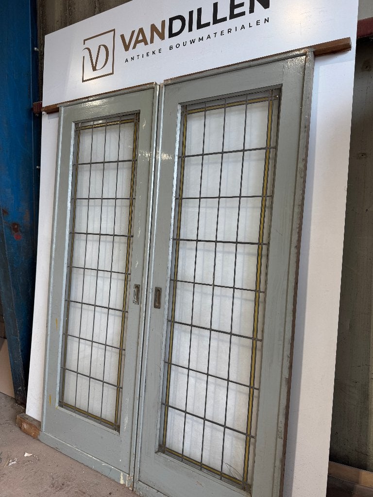 Antieke ensuite schuifdeuren met glas in lood 218.5 x 155, Gebruikt, 120 cm of meer, Binnendeur, Ophalen of Verzenden