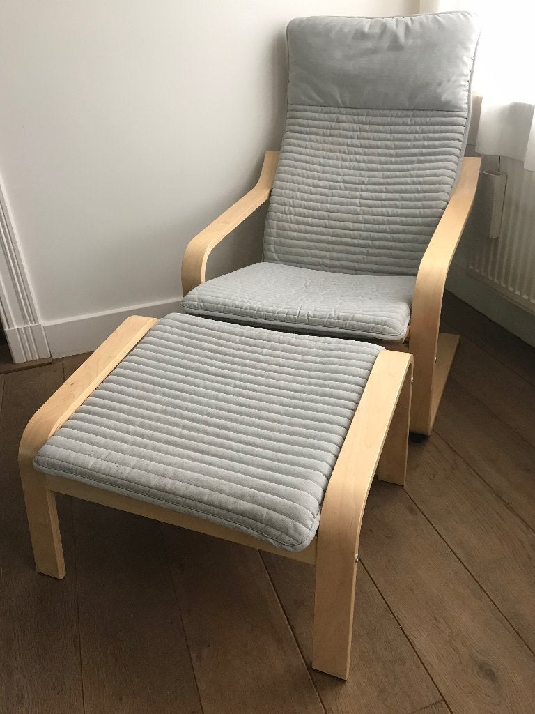 IKEA Poang Set zetel + voetbank naturel hout  / licht grijs, Ophalen, Zo goed als nieuw, Stof, Minder dan 50 cm
