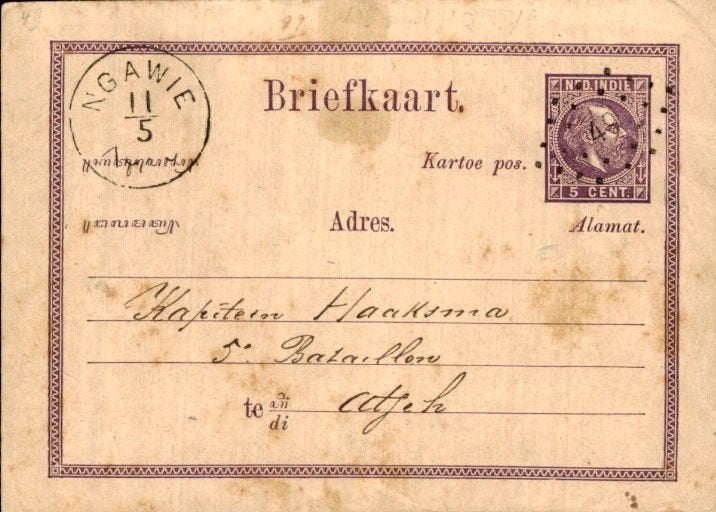 Nederlands Indië - Stempel Ngawie - 1875, Postzegels en Munten, Brieven en Enveloppen | Nederland, Verzenden, Briefkaart