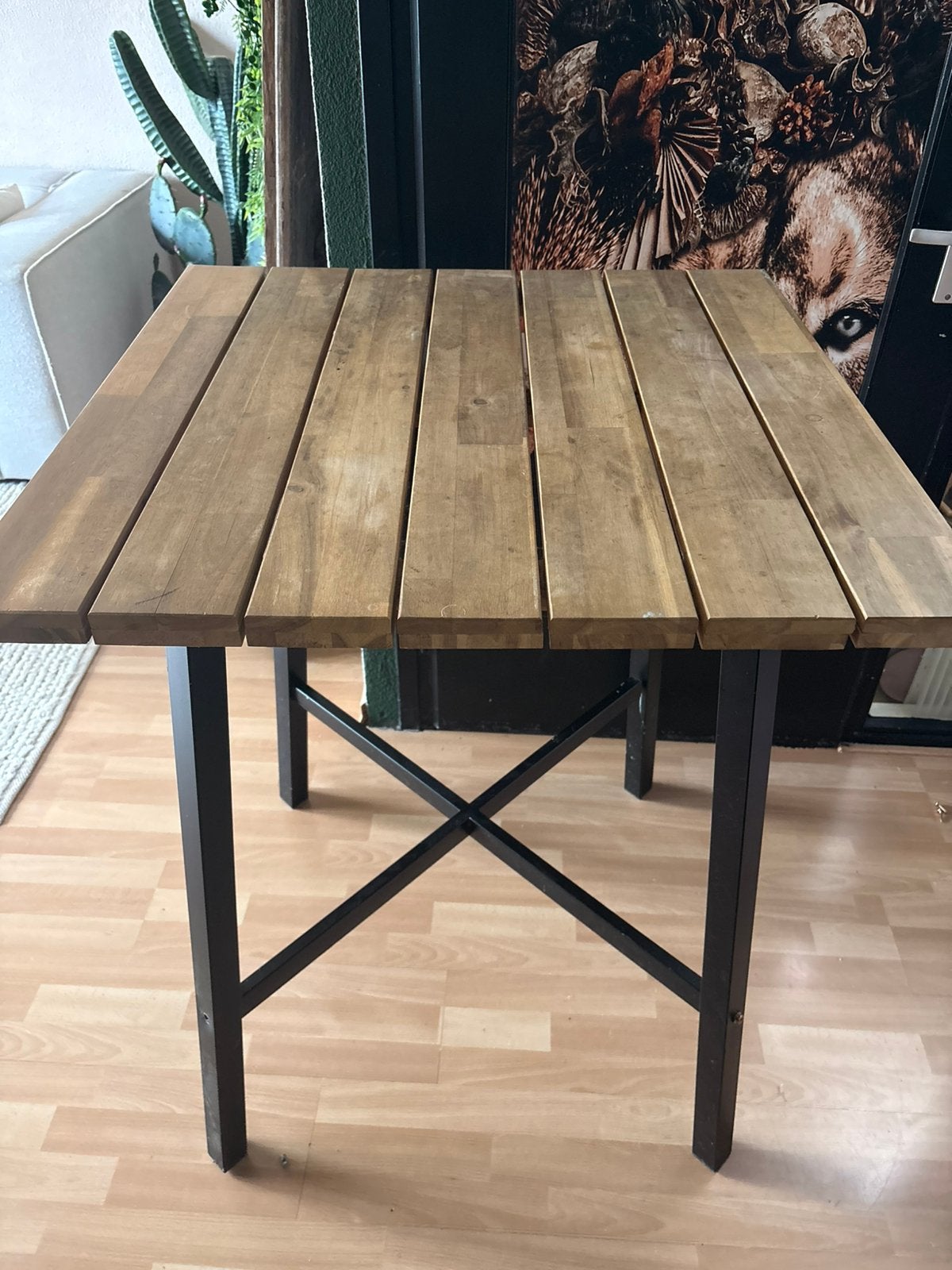 Industriële bartafel hout met zwart metalen onderstel, Huis en Inrichting, Tafels | Statafels, Ophalen