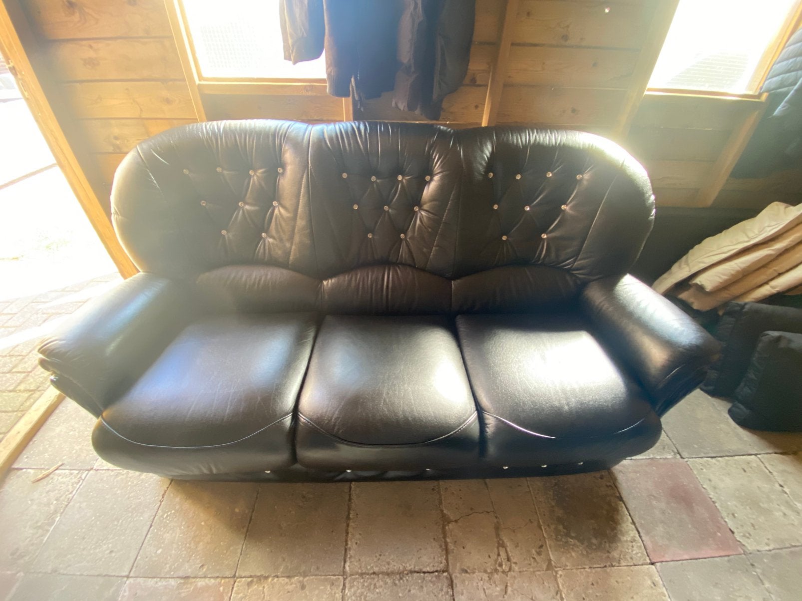 Te koop: Zwart echt lederen Swarovski bankstel, Ophalen, 150 tot 200 cm, Tweepersoons, Zo goed als nieuw