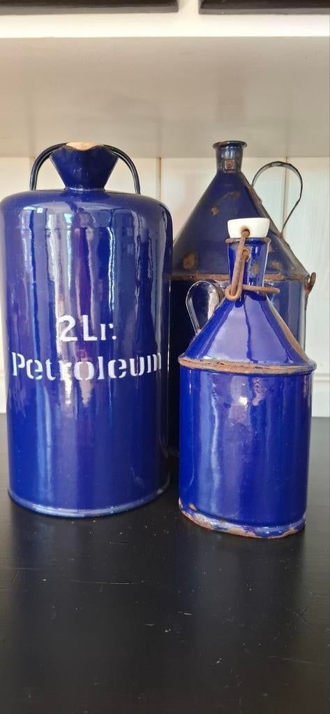 3 antieke blauwe geëmailleerde kannen. Petroleum, Antiek en Kunst, Antiek | Emaille, Ophalen of Verzenden