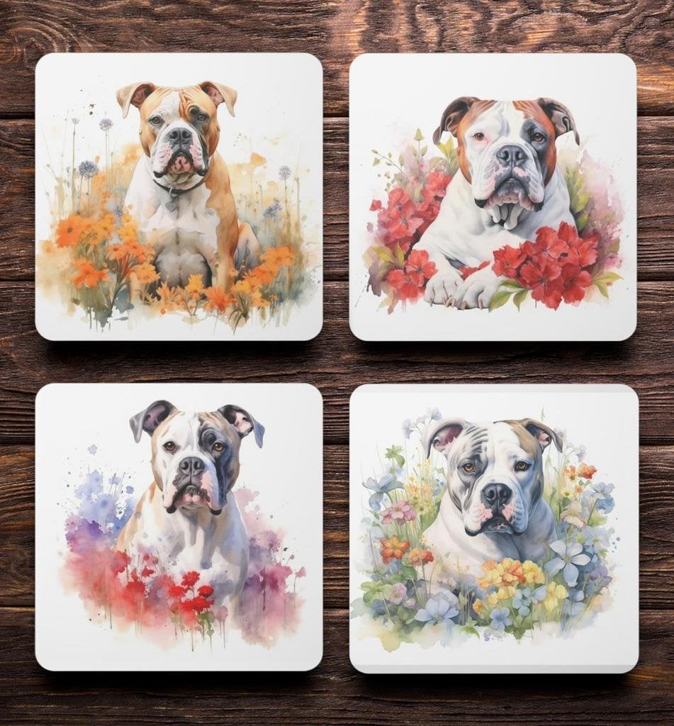 Amerikaanse Bulldog Aquarel onderzetters met houder, Huis en Inrichting, Ophalen of Verzenden, Nieuw