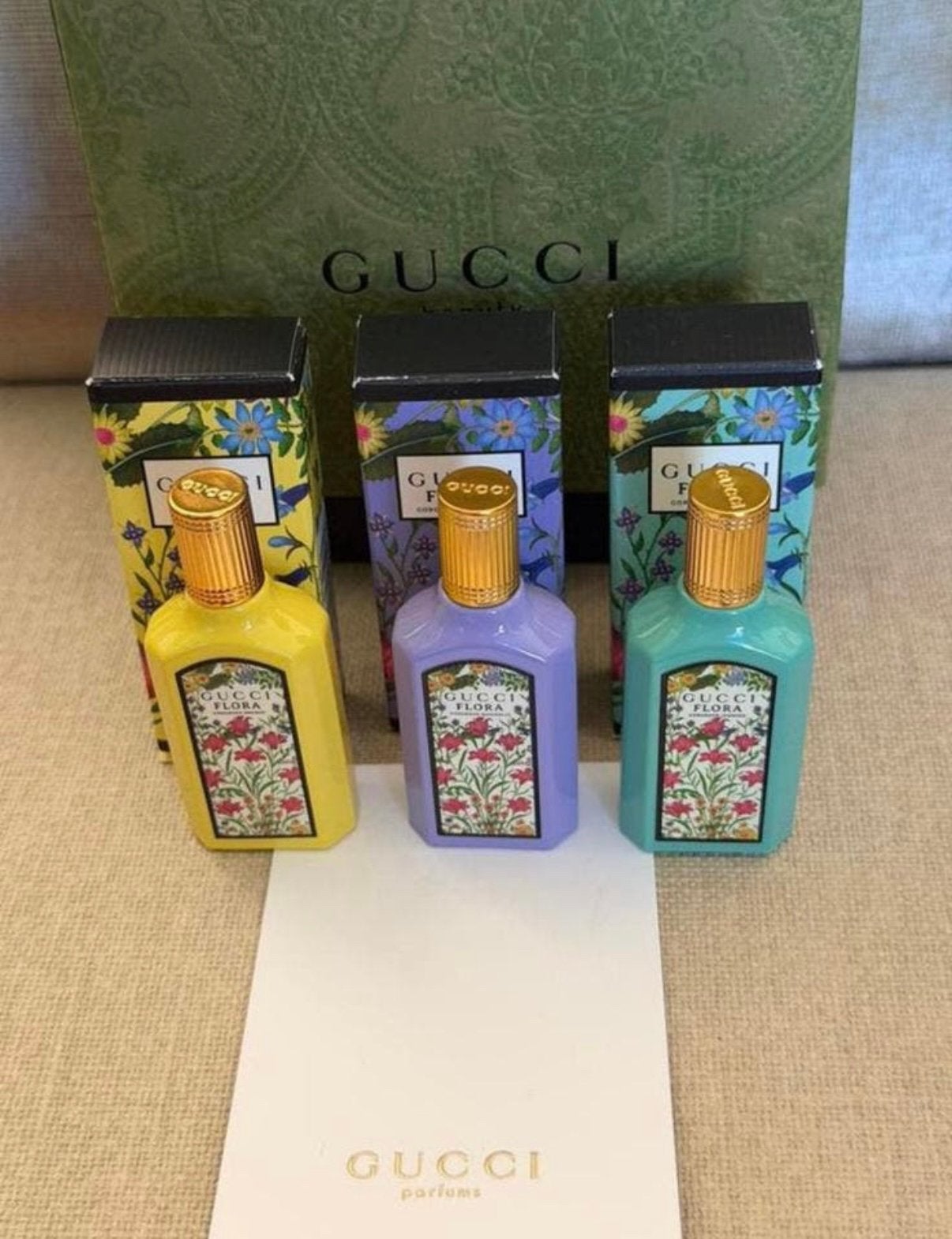 Cadeaus set van 3 Gucci miniaturen +groene Gucci cadeau tas, Verzenden, Nieuw, Miniatuur, Gevuld