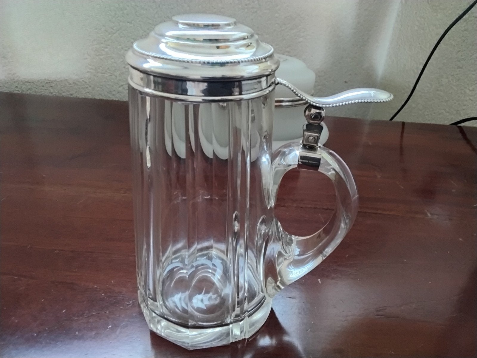 mooie kristallen bierpul met zilveren deksel en greep., Antiek en Kunst, Ophalen of Verzenden, Zilver