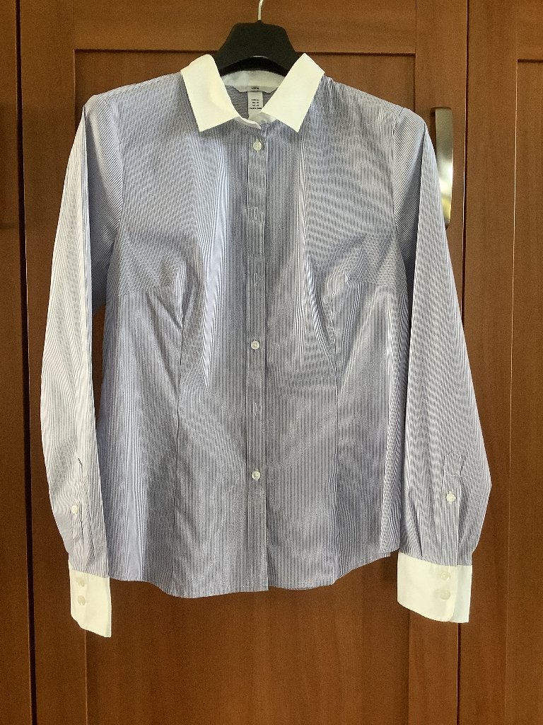 blauw/wit gestreepte blouse slimfit/getailleerd/stretch 44, H&M, Blauw, Maat 42/44 (L), Ophalen of Verzenden