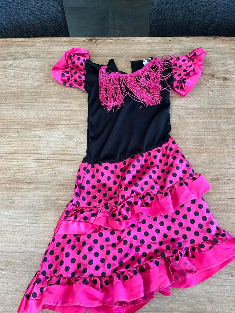 Flamenco jurk roze met zwarte stippen, Kinderen en Baby's, Ophalen of Verzenden, Zo goed als nieuw, 122 t/m 128, Meisje