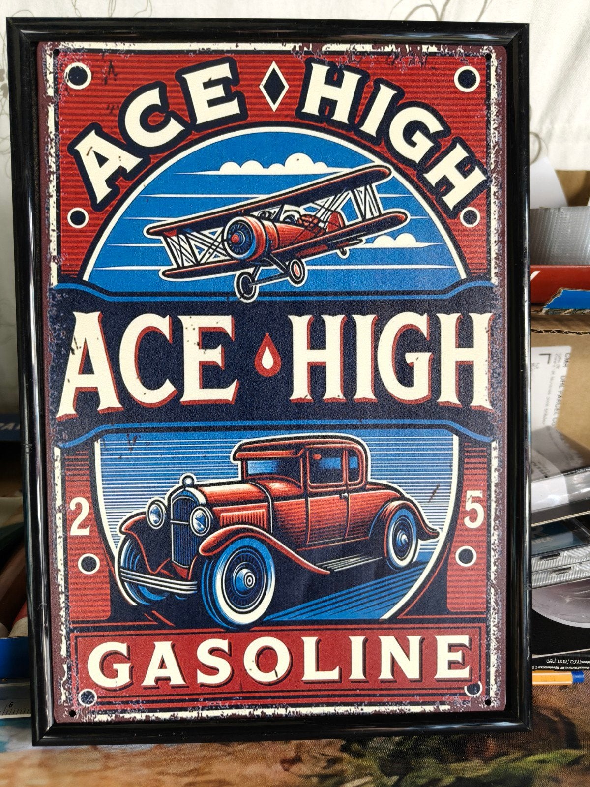Vintage 'Ace High Gasoline' Metalen Bord - Auto & Vliegtuig, Verzenden